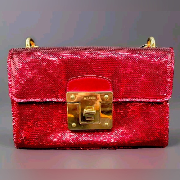 ALDO Womens Red Mini Sequin Crossbody Bag Sz M Pre-owned Sparkly buckle purse - Picture 1 of 7